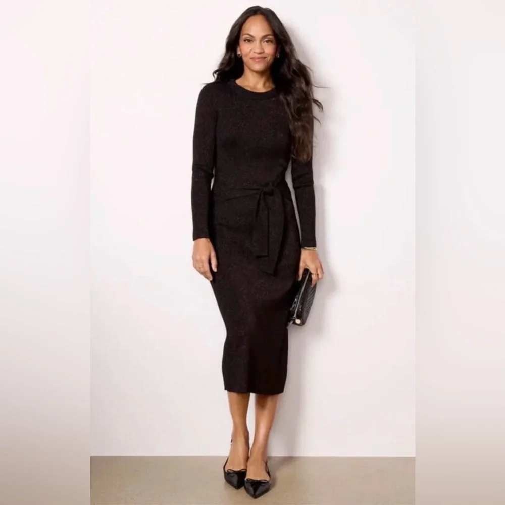 Evereve Alfie Sweater Dress Tie Waist Long Sleeve in Black Copper Sparkle XS New